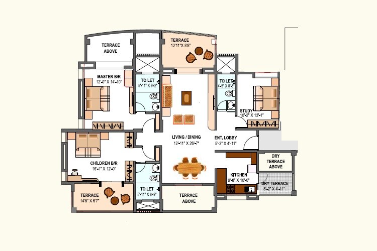 Floor plan of 3 BHK 1235 Sq. Ft. Apartment in Brite Sky, Pune