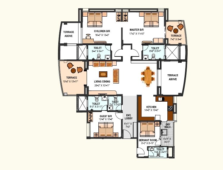 Floor plan of 3 BHK 1665 Sq. Ft. Apartment in Brite Sky, Pune