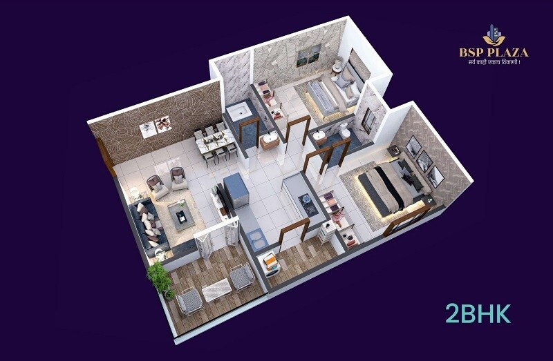 Floor plan of 2 BHK 843 Sq. Ft. Apartment in BSP Plaza, Pune