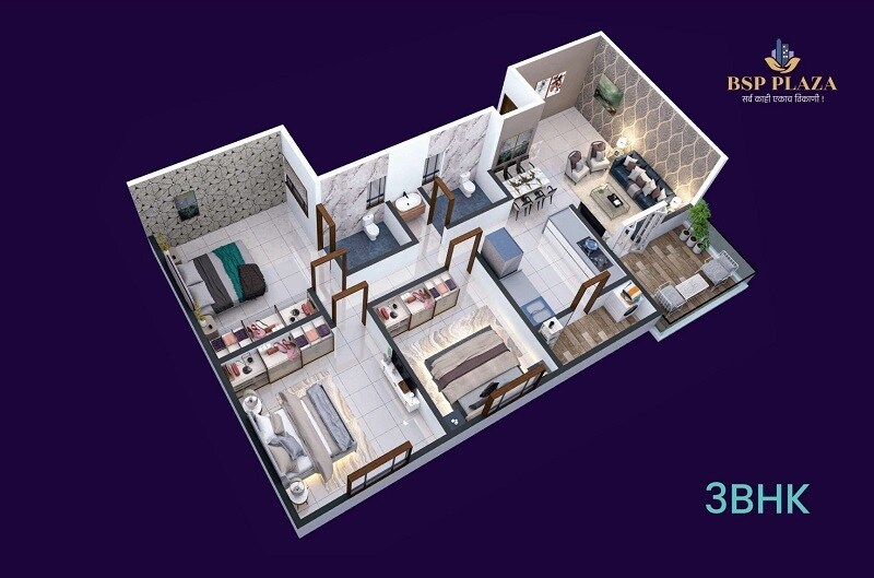 Floor plan of 3 BHK 1068 Sq. Ft. Apartment in BSP Plaza, Pune