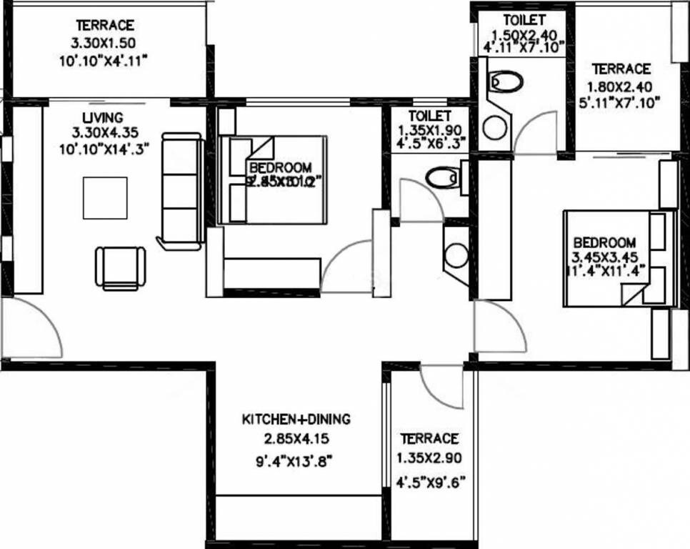 Floor plan of 2 BHK 1050 Sq. Ft. Apartment in BU Bhandari Acolade, Pune