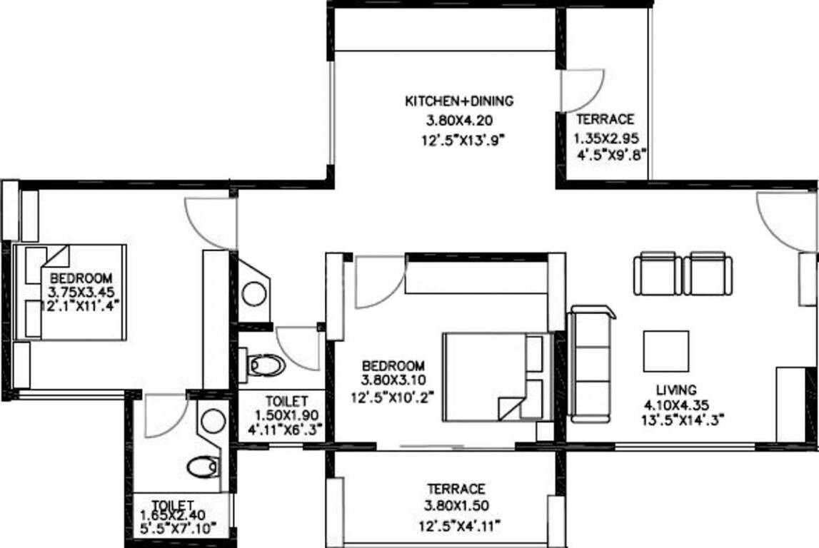 Floor plan of 2 BHK 891 Sq. Ft. Apartment in BU Bhandari Acolade, Pune
