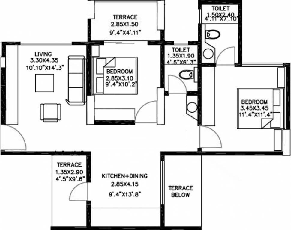 Floor plan of 2 BHK 968 Sq. Ft. Apartment in BU Bhandari Acolade, Pune