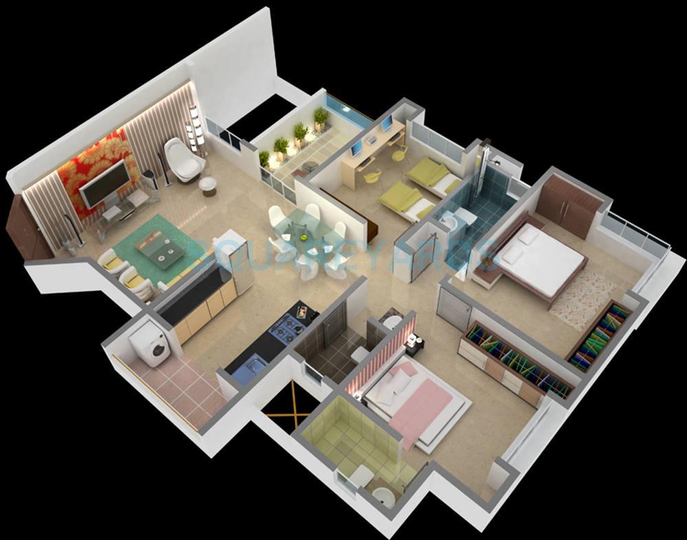 Floor plan of 3 BHK 1346 Sq. Ft. Apartment in BU Bhandari Alacrity, Pune