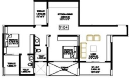 Floor plan of 2 BHK 984 Sq. Ft. Apartment in BU Bhandari Colonnade Apartment, Pune