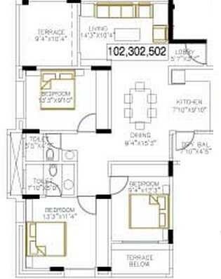 Floor plan of 3 BHK 1476 Sq. Ft. Apartment in BU Bhandari Everglade, Pune