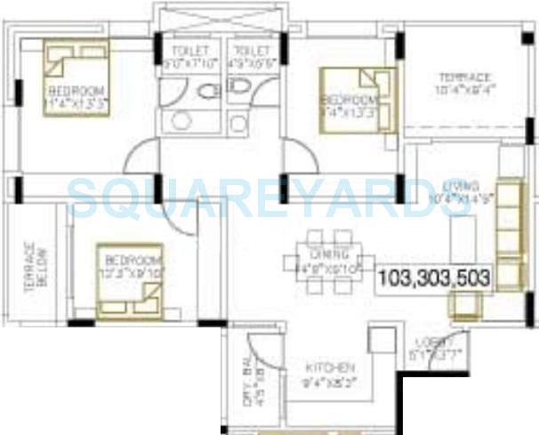 Floor plan of 3 BHK 1273 Sq. Ft. Apartment in BU Bhandari Everglade, Pune
