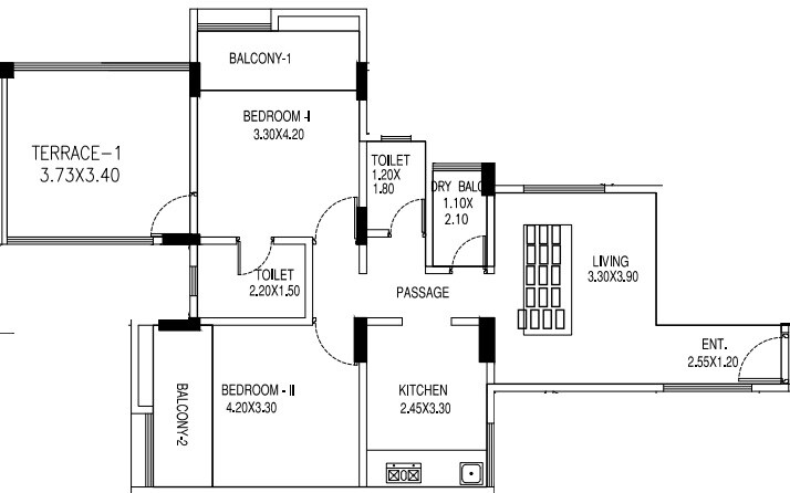 Floor plan of 2 BHK 1000 Sq. Ft. Apartment in BU Bhandari Unity Park, Pune