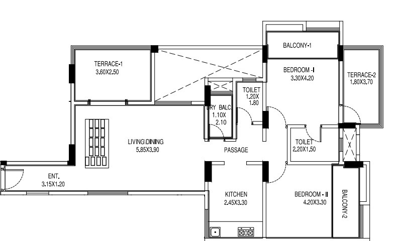 Floor plan of 2 BHK 900 Sq. Ft. Apartment in BU Bhandari Unity Park, Pune