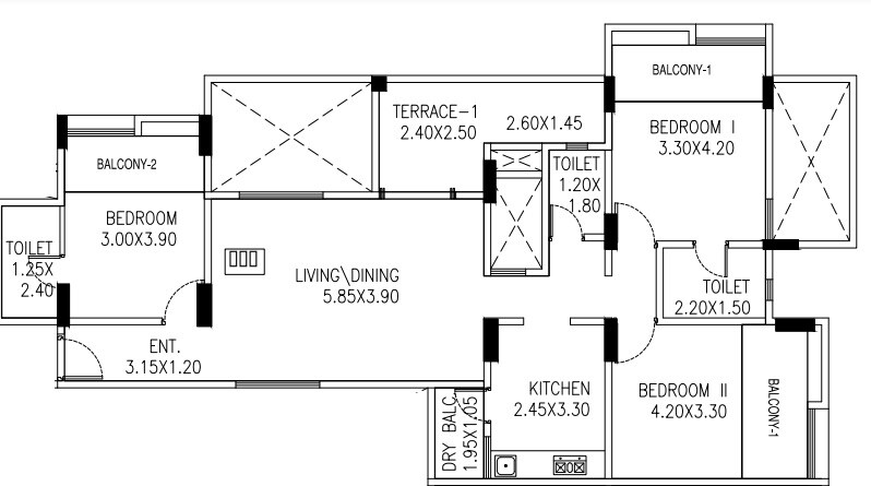 Floor plan of 3 BHK 1274 Sq. Ft. Apartment in BU Bhandari Unity Park, Pune