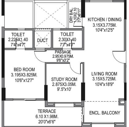 Floor plan of 1 BHK 589 Sq. Ft. Apartment in BU Bhandari Vaastu Viva, Pune