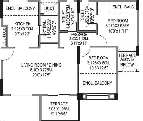 Floor plan of 2 BHK 662 Sq. Ft. Apartment in BU Bhandari Vaastu Viva, Pune