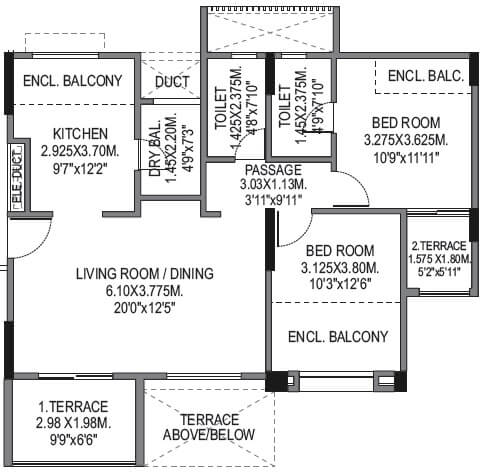Floor plan of 2 BHK 787 Sq. Ft. Apartment in BU Bhandari Vaastu Viva, Pune