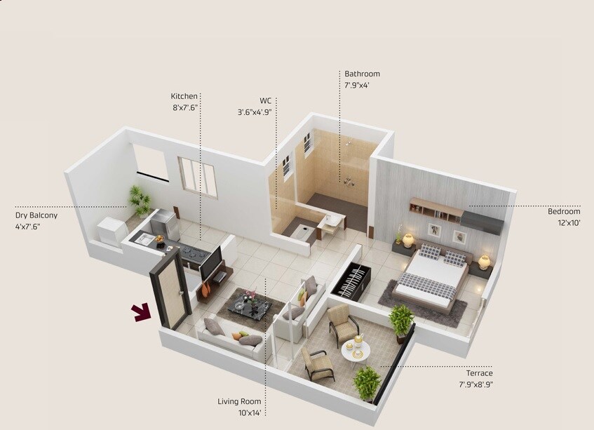 Floor plan of 1 BHK 630 Sq. Ft. Apartment in Buchade Citrine, Pune