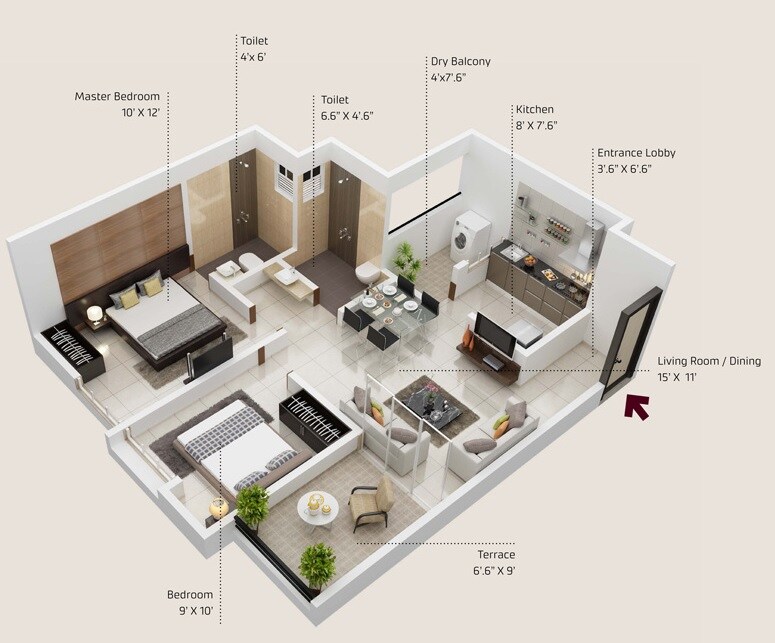 Floor plan of 2 BHK 830 Sq. Ft. Apartment in Buchade Citrine, Pune