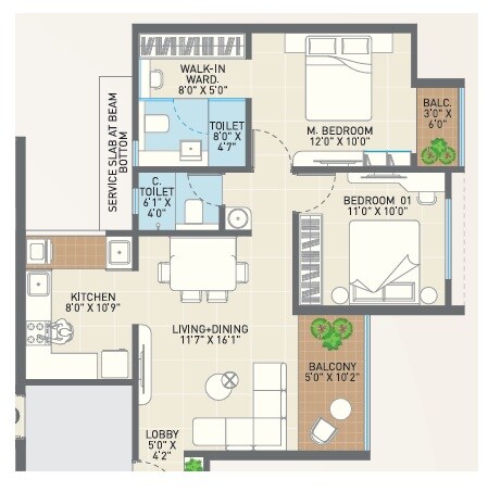Floor plan of 2 BHK 760 Sq. Ft. Apartment in Buildstrong The Hallmark, Pune