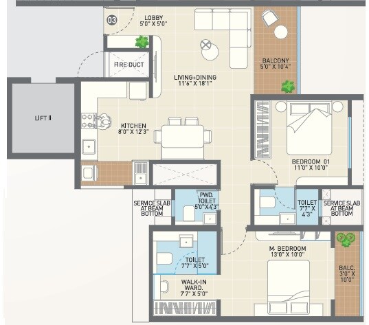 Floor plan of 2 BHK 851 Sq. Ft. Apartment in Buildstrong The Hallmark, Pune