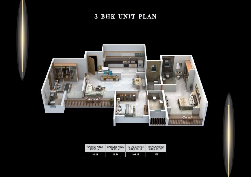 Floor plan of 3 BHK 1175 Sq. Ft. Apartment in Buildstrong The Hallmark, Pune