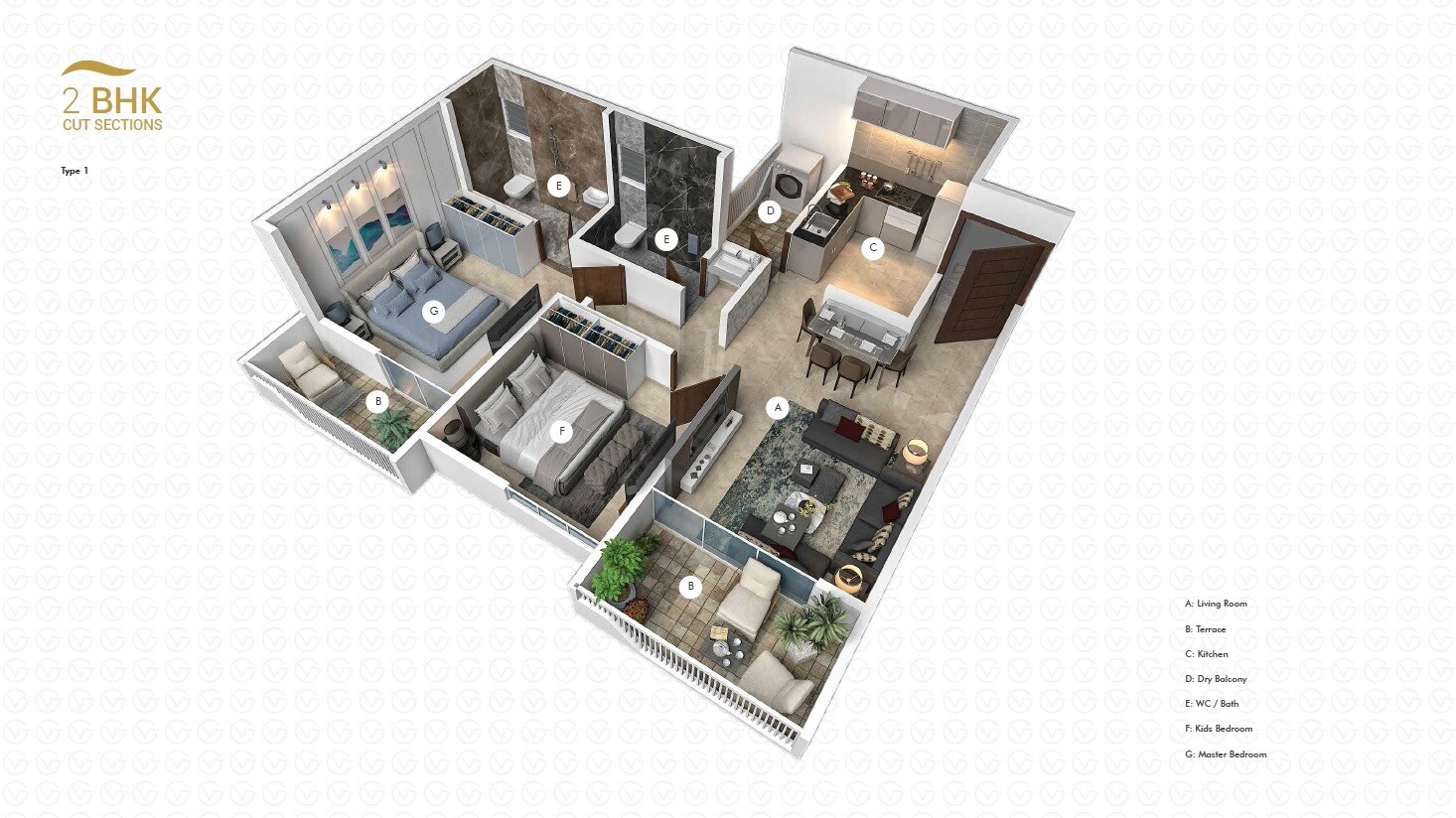 Floor plan of 2 BHK 750 Sq. Ft. Apartment in Buildwick Golden Valley, Pune