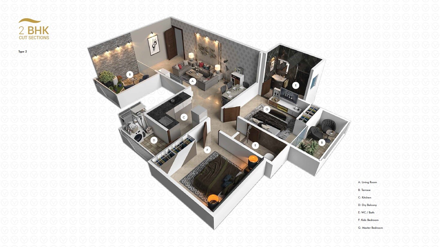 Floor plan of 2 BHK 780 Sq. Ft. Apartment in Buildwick Golden Valley, Pune
