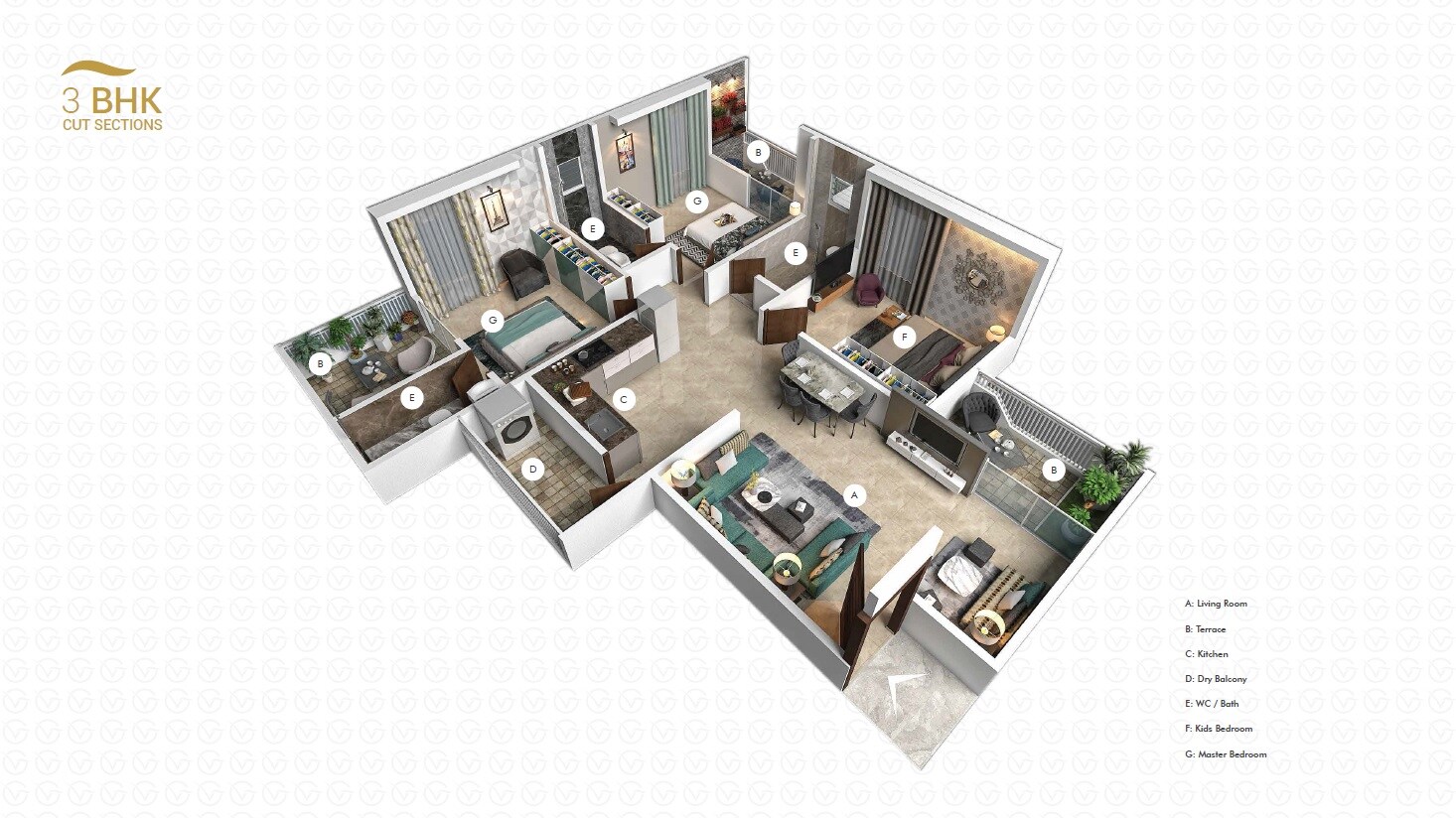 Floor plan of 3 BHK 1131 Sq. Ft. Apartment in Buildwick Golden Valley, Pune