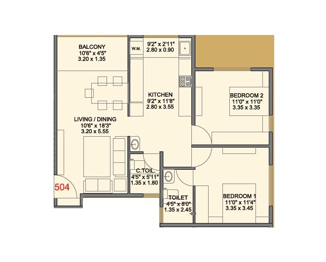 Floor plan of 2 BHK 750 Sq. Ft. Apartment in Builtwell Anmol, Pune