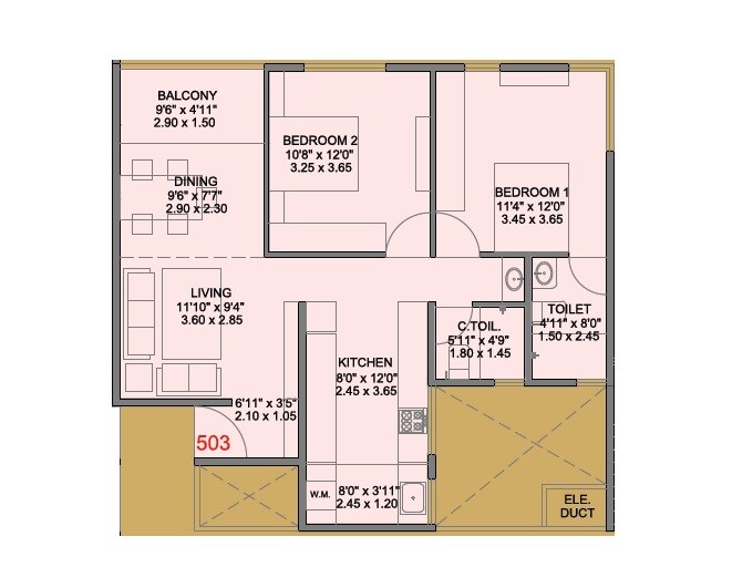 Floor plan of 2 BHK 787 Sq. Ft. Apartment in Builtwell Anmol, Pune