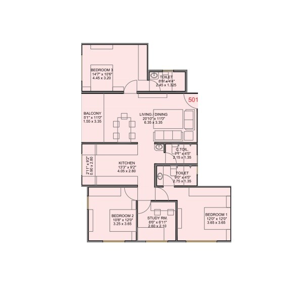Floor plan of 3 BHK 1048 Sq. Ft. Apartment in Builtwell Anmol, Pune