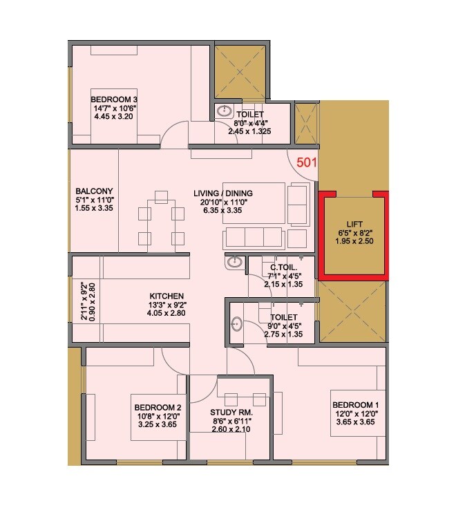 Floor plan of 3 BHK 923 Sq. Ft. Apartment in Builtwell Anmol, Pune