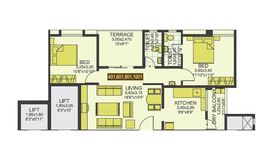 Floor plan of 2 BHK 752 Sq. Ft. Apartment in Bunty Mayur Samruddhi, Pune