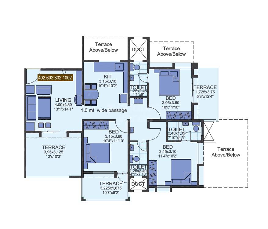 Floor plan of 3 BHK 1135 Sq. Ft. Apartment in Bunty Mayur Samruddhi, Pune