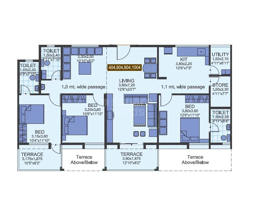 Floor plan of 3 BHK 1187 Sq. Ft. Apartment in Bunty Mayur Samruddhi, Pune
