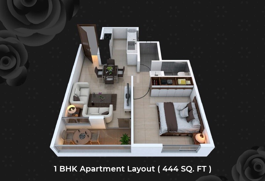 Floor plan of 1 BHK 444 Sq. Ft. Apartment in Buttepatil Gulab Srushti, Pune