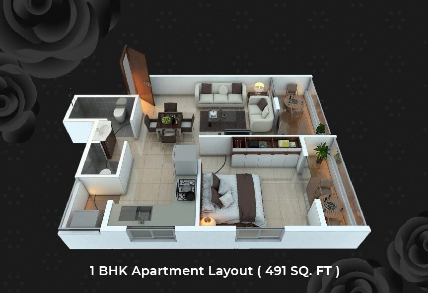 Floor plan of 1 BHK 491 Sq. Ft. Apartment in Buttepatil Gulab Srushti, Pune