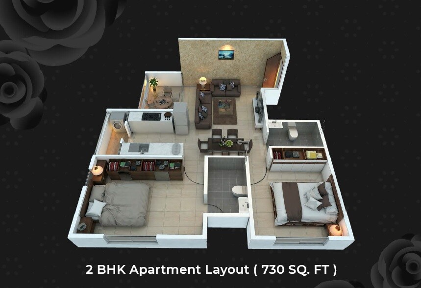 Floor plan of 2 BHK 730 Sq. Ft. Apartment in Buttepatil Gulab Srushti, Pune