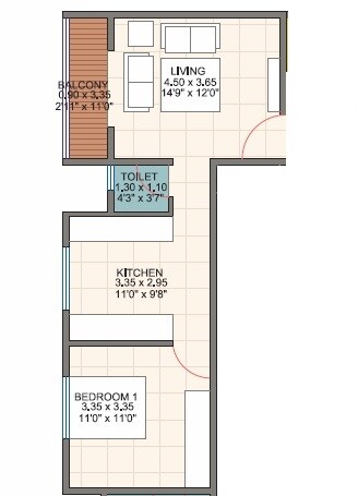 Floor plan of 1 BHK 454 Sq. Ft. Apartment in Buttepatil Serenity Residency, Pune