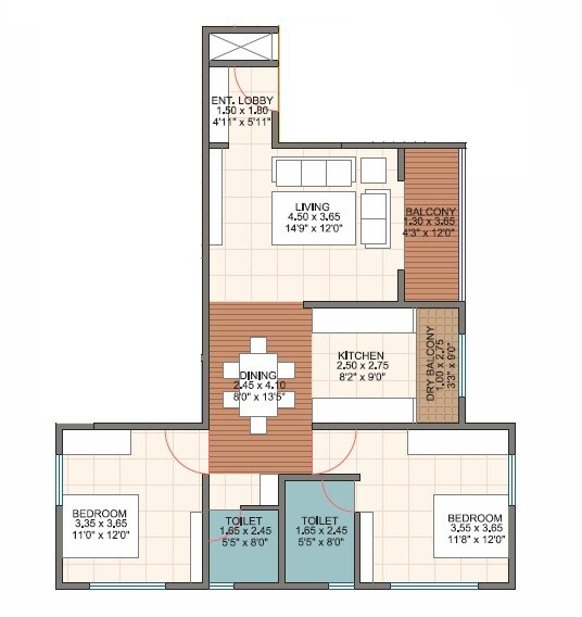Floor plan of 2 BHK 794 Sq. Ft. Apartment in Buttepatil Serenity Residency, Pune
