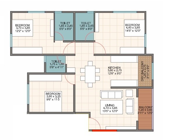 Floor plan of 3 BHK 1003 Sq. Ft. Apartment in Buttepatil Serenity Residency, Pune