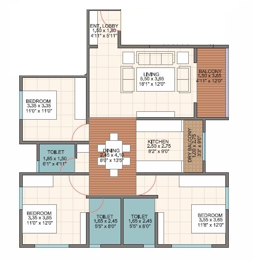 Floor plan of 3 BHK 1200 Sq. Ft. Apartment in Buttepatil Serenity Residency, Pune