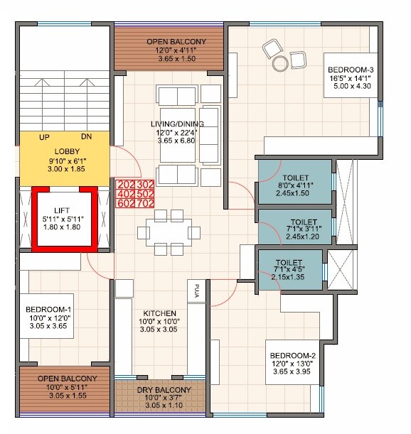 Floor plan of 3 BHK 1071 Sq. Ft. Apartment in Buttepatil Serenity Springs, Pune