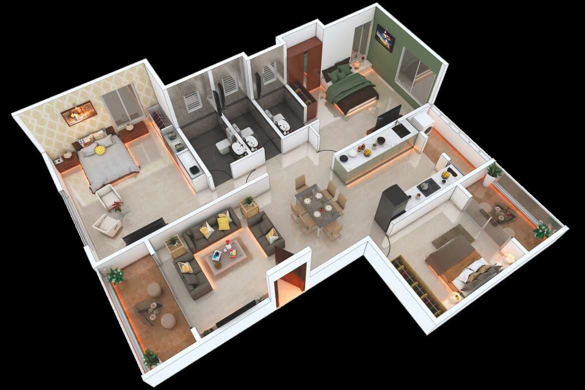 Floor plan of 3 BHK 1232 Sq. Ft. Apartment in Buttepatil Serenity Springs, Pune