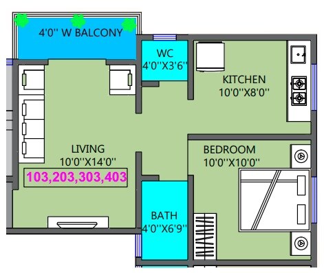 Floor plan of 1 BHK 438 Sq. Ft. Apartment in Capetown Swapnakunj Residency, Pune