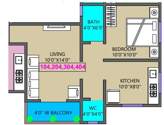 Floor plan of 1 BHK 460 Sq. Ft. Apartment in Capetown Swapnakunj Residency, Pune