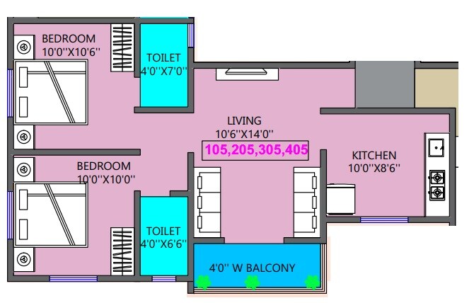 Floor plan of 2 BHK 574 Sq. Ft. Apartment in Capetown Swapnakunj Residency, Pune