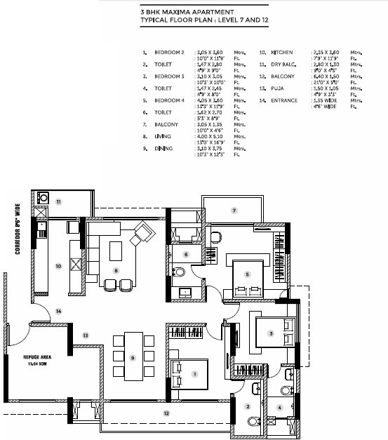 Floor plan of 3 BHK 1350 Sq. Ft. Apartment in Capricorn One Green Park, Pune
