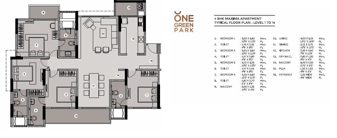 Floor plan of 4 BHK 1500 Sq. Ft. Apartment in Capricorn One Green Park, Pune