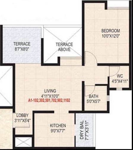 Floor plan of 1 BHK 580 Sq. Ft. Apartment in Casa Imperia, Pune