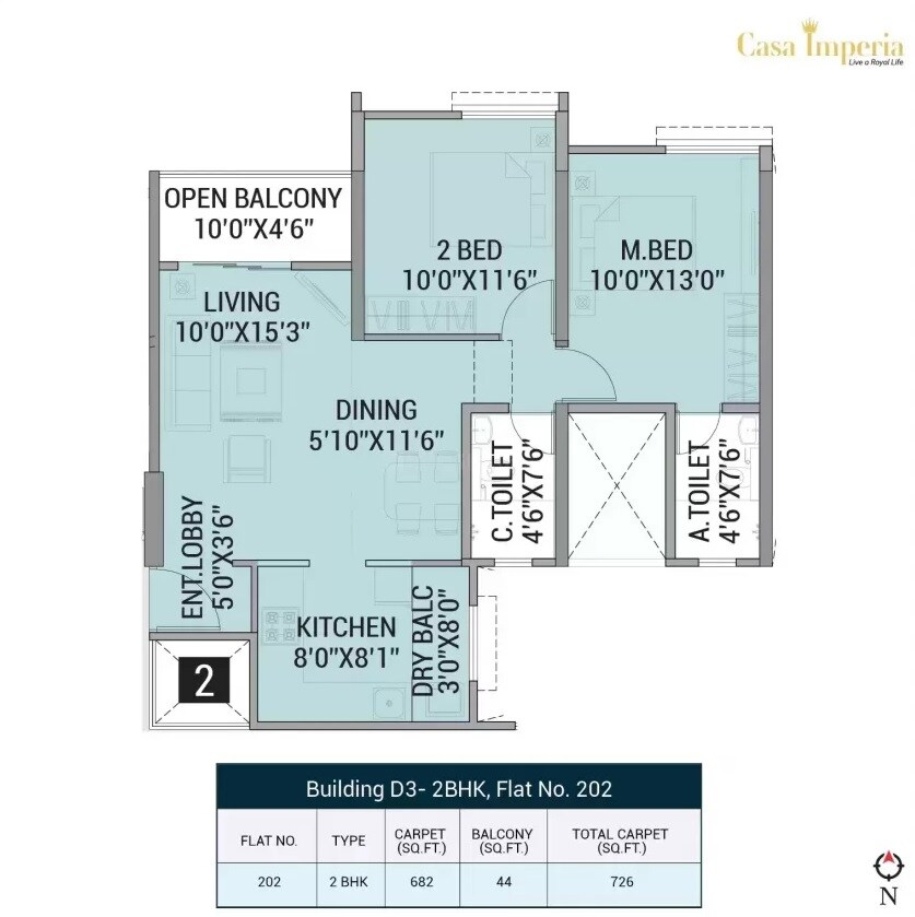 Floor plan of 2 BHK 726 Sq. Ft. Apartment in Casa Imperia, Pune