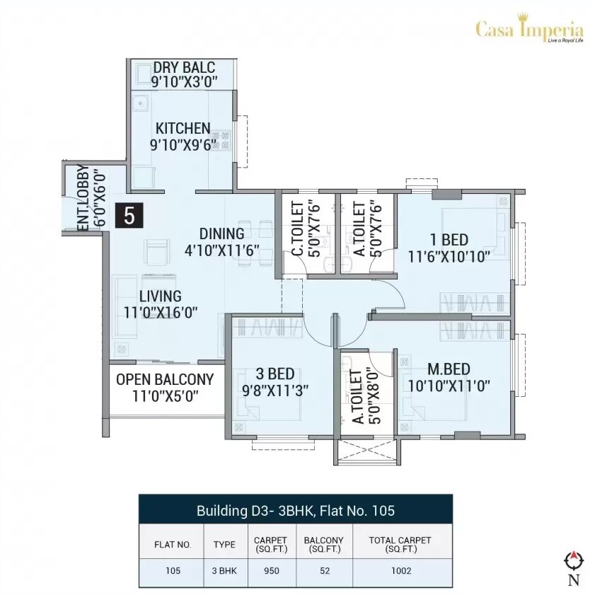 Floor plan of 3 BHK 1002 Sq. Ft. Apartment in Casa Imperia, Pune