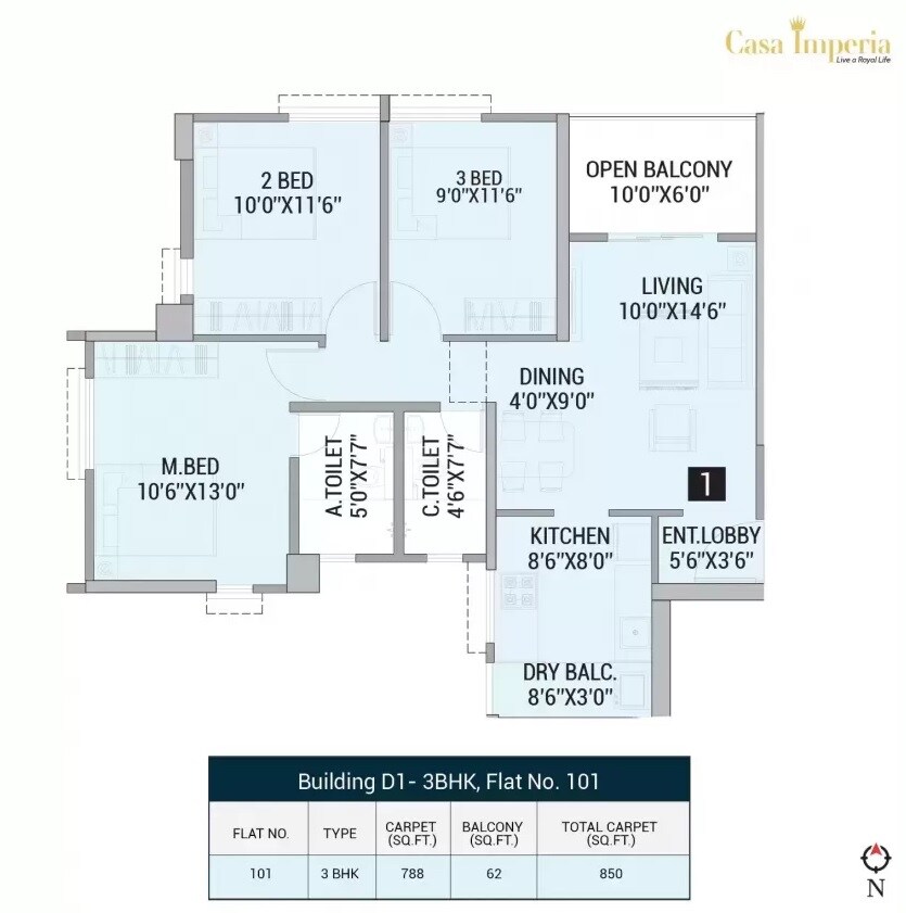 Floor plan of 3 BHK 950 Sq. Ft. Apartment in Casa Imperia, Pune